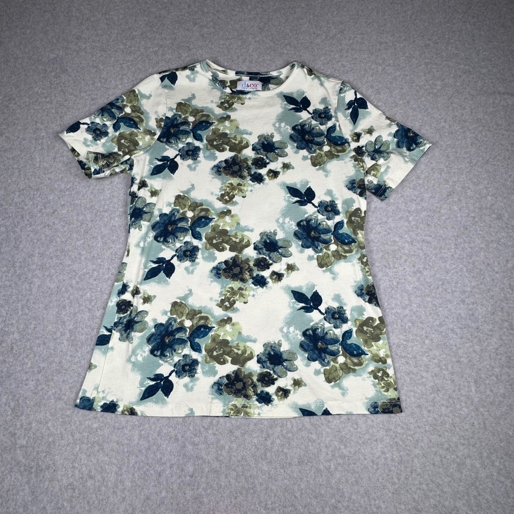 Denim & Co Womens Floral Print Short Sleeve T-Shirt Blue Green XS